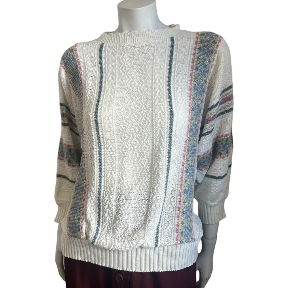 Vintage Bay Point Threads Floral Cream 3/4 Sleeve Sweater Size S